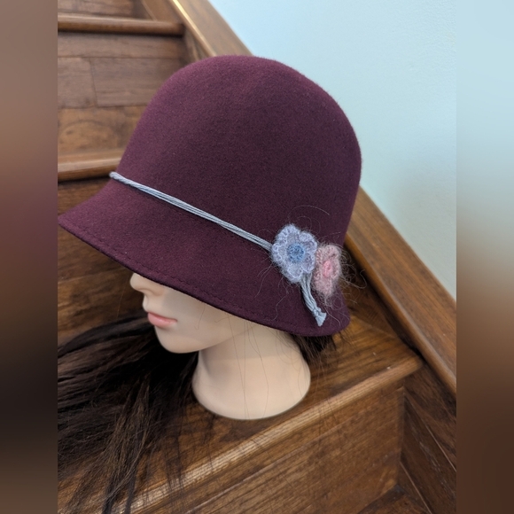 Tristan Accessories - Vintage Hat Tristan Wool Felt Burgundy Cloche Hat with Floral Cashmere Accents